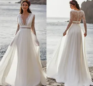 Bohemian Wedding Dress 2021 Long Sleeve V-Neck Floor Length Chiffon A-Line Lace Back Bridal Gowns With Belt Charming