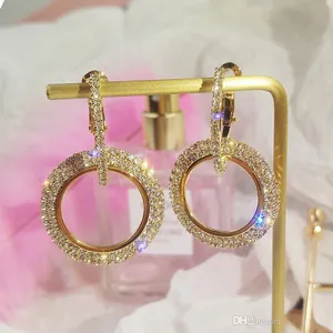 Hip Hop 18K Rose Gold Silver Plated Dangle Circle Crystal Hoop Earrings for Women Rhinestone Fashion Statement Bride Wedding Earrings Wholesale