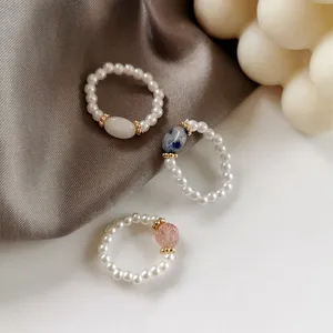 Elegant Simulated Pearl Bead Stone Elastic Rings For Women Midi Finger Knuckle Ring Fashion Vintage Adjustable Jewelry Gifts MKI