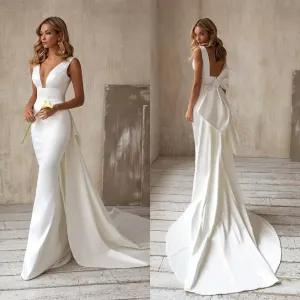 Elegant Satin V Neck Mermaid Wedding Dresses Bridal Gowns With Detachable Train Bow Back 2022 Arabic Custom Made robe de mariee CG001