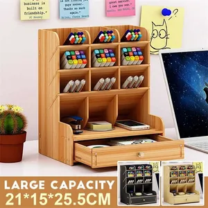 Multi-function 12 Grid Desktop wood Pen Holder Office School Storage Case Box with drawer Desk Pen Pencil Organizer Stationery Y200429