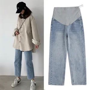 1088# Wide Leg Loose Straight Denim Maternity Jeans Spring Autumn Belly Pants Clothes for Pregnant Women Pregnancy Work Trousers 210918