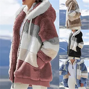 Women Warm Hooded Jacket Winter Zipper Casual Patchwork Loose Coat Fashion Faux Fur Parka Fleece Drawstring Plus Size Coat