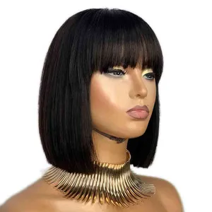 Ready To Ship Cheap Short Wig Lowt Price Wholale Straight Human Hair Peruvian Bob Wigs With Bangs
