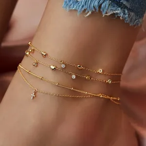 2021 Summer Simple Golden Color Zircon Crystal Heart-Shaped Cute Chain Anklet Bohemian Romance Footwear Leg Female Foot Jewelry