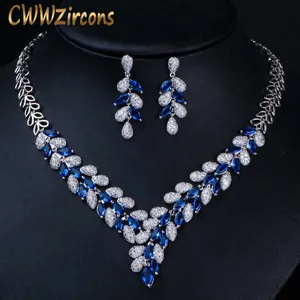 Luxury White Gold Color Royal Blue CZ Stone Wedding Necklace Earrings Jewelry Sets Bridal Dress Accessories T315 210714
