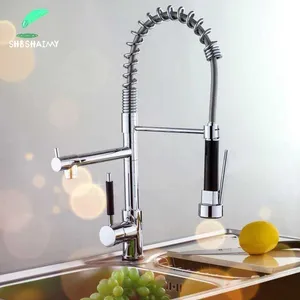 SHBSHAIMY Chrome Rotatable Kitchen Faucet Pull-out Kitchen Spray Dual Spray Dual Handle Single Hole and Cold Mixer Taps 210724