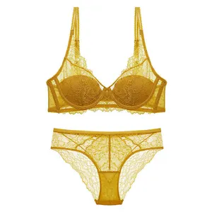 2020 Deep V Lace Women Bra And Panties Set Lingerie Thin Cotton Sexy Push Up Brassiere Floral Embroidery Girls Underwear Yellow Q0705