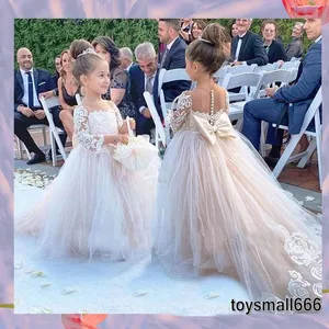 Princess Ball Gown Lace Tulle Christening dresses Sheer Long Sleeve Appliques Bow Back Flower Girl Dress Formal Kids Occasion Wears