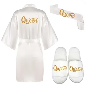 3pc set glitter gold Queen robe bride satin robe women white kimono pajamas bridal party kimono wedding queen bride robes 210831