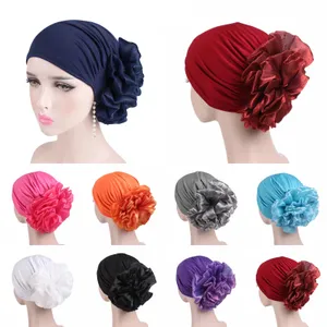 Autumn Winter Woman Big Flower Turban Cap Muslim Hijab Scarf Elastic Cloth Hair Accessories Caps Islamic Under Bonnet Chemo Beanie Hats