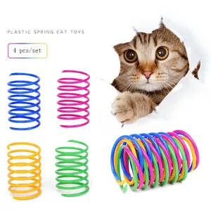 Lovely Cat Small Pet Color Plastic Spring Cats Toy Beating Pets Supplies Plastic Material Four Mixed Colors Per Set XG0172