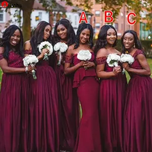 2022 Burgundy Bridesmaid Dresses Plus Size A Line Off Shoulder Sequins Satin Maid of Honor Gowns African Girls Wedding Guest Wears WJY591