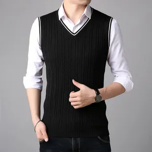 Men Vest Fashion Korean Slim V-neck Knitwear Autumn Pattern Sweaters High Quality Waistcoat Black/Grey/Navy Blue