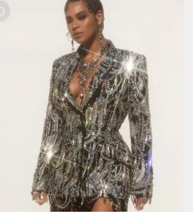 Evening dress Women cloth Silver Crystal Beyonce Coat Long sleeve Kim kardashian Libourjoisie