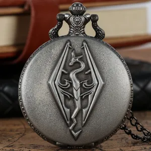 The Elder Scrolls V Theme Retro Bronze 3D Dragon Design Quartz Pocket Watch with Necklace Chain for Boys Skyrim Pendant Gifts