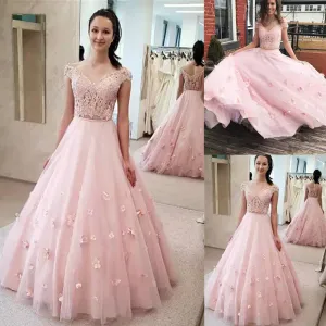 2022 Pink Two Piece Prom Dresses 3D Floral Applique Off the Shoulder Tulle Lace Floor Length Evening Party Gown Formal Occasion Wear vestidos