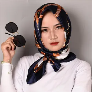 Scarves Women Silk Scarf Fashion Flower Print Square Head Lady Shawls Foulard Satin Hijab 90*90cm