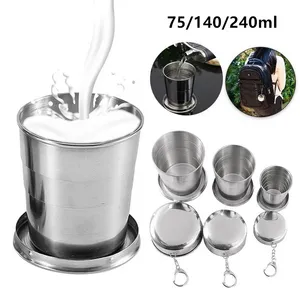Stainless Steel Folding Cup Portable For Outdoor Travel Retractable Telescopic Collapsible Cups With Keychain