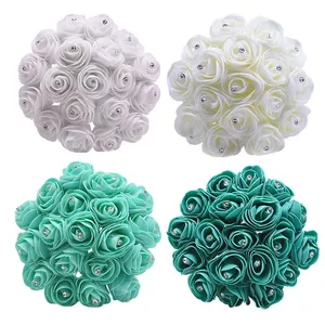 5cm PE Foam Roses Bling Diamond Artificial Flowers DIY Bridal Bonquet Teal Flower Wedding Decoration Handmade Wreath Craft Y0630