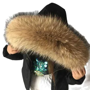 100% Real Fur Collar for Parkas Coats Luxury Warm Natural Raccoon Scarf Women Large Fur Scarves Male Down Jacket Fur Hat 75 70cm H0923