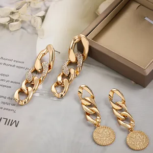 Vintage CZ Crystal Chain Gold Dangle Earrings for Women Fashion Charm Geometric Round Flowers Engraved Coin Long Pendant Earring