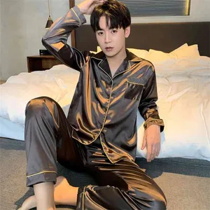 Pajama Sets for Lovers Silk Nightwear Solid Color Night Suit Men Plus Size 5XL Sleepwear Fashion Satin Homewear Sleep Lounge 210901