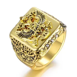 Cluster Rings Fashion Russian Empire Double Eagle Gold Color Finger Ring For Men Male Jewelry 7-14 Big Size Arms Of The Signet
