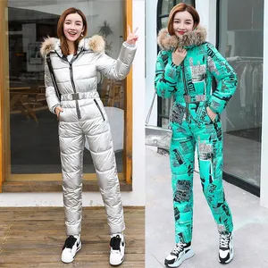 Skiing Jackets 2021 Hooded Fur Winter Women Jumpsuit Cotton One Piece Female Snow Suits Outdoor Sport Woman Ski Overall Windproof Clothes
