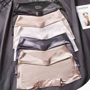 Panties for Women Nylon Boyshort Female Underwear Lingerie Mid Waist Lady Short Pants Solid color 4 pieces Sexy Ice Silk Boxer 210730