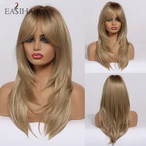 Brown to Blonde Ombre Women Wig with Bangs Medium Length Synthetic Wigs Layered Natural Hair Wig Cosplay Heat Resistant