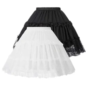 Women's Lolita Skirts Crinoline Petticoat Evening Party Underskirt Vintage Elastic Waist 2-Loop Ruffles Swing Black Gothic Skirt 210708