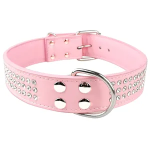 Luxury Bling Leather Dog Collars Crystal Diamante Collar Adjustable Pink For Medium Large Dogs Pet Product For Animal 210729