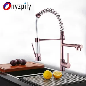 Chrome Spring Kitchen Faucet Pull Down Dual Spouts 360 Swivel Handheld Shower Kitchen Mixer Crane Cold 2 Outlet Spring Taps 210724