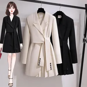 Fashion Trench Coat Dress Women 2022 New Spring Autumn Windbreaker Coat Female Plus Size 4XL Black White Belt Blazer Vintage