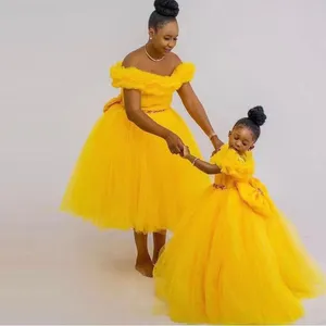 Newest 2022 Mother and Daughter Dresses Ruffles Off Shoulder Flower Girls' Dress for Wedding Party Bow Tulle Special Occasion Robe De Soiree