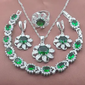 Earrings & Necklace Elegant Green Cubic Zirconia Flower Jewelry Sets For Women Wedding Costume Silver Color Rings Bracelet YZ0350