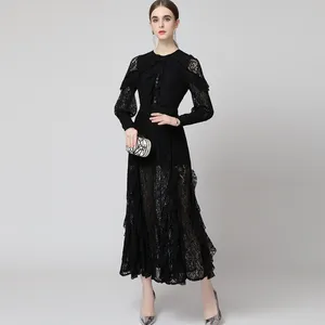 Women's Runway Dresses O Neck Long Sleeves Ruffles Sexy Spit Elegant Lace Dress Party Gown