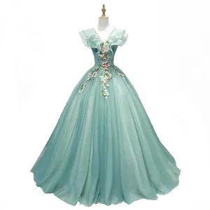 Green Quinceanera Dress Elegant V-neck Party Prom Ball Gown Sleeveless Sweet Floral Print Quinceanera Dresses Plus Size Vestidos