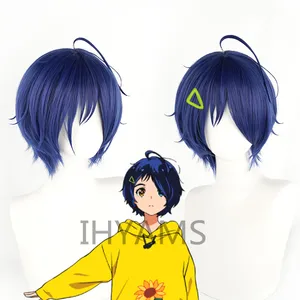 Wonder Egg Priority Ai Ohto Cosplay Wig Dark Blue Short Heat Resistant Synthetic Hair Party Wig With Hairpin + Free Wig Cap