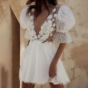 Summer Short A Line Wedding Dress Plunging V-Neck Half Sleeves Pearls Beaded Flowers Mini Bride Dresses Boho Beach Sexy Backless Illusion Formal Wedding Gowns