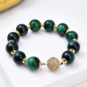 GuaiGuai Jewelry 14mm Round Green Tiger Eye Bracelet Handmade For Women Real Lady Fashion Jewellry