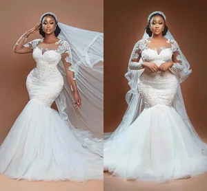 Nigeria South Africa Mermaid Wedding Dresses Lace Full Sleeve Appliqued Sweep Train Tulle Bridal Gowns Sheer O-Neck Arabic Aso Ebi Vestidos De Novia Plus Size AL9374