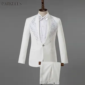 White Wedding Groom Dress Suit Men Costume Homme Mariage Stylish Diamond Embroidery Slim Fit Tuxedo Mens Suits With Pants 210522