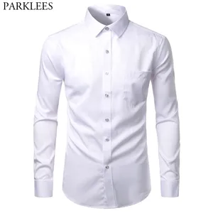 Mens White Bamboo Fiber Dress Shirts Slim Fit Wrinkle Free Casual Shirt Chemise Non Iron Easy Care Elastic Wedding Working Shirt 210522