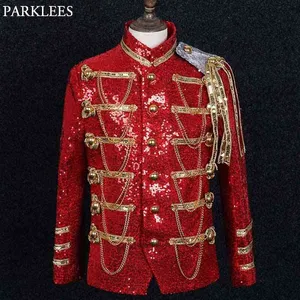Mens Red Sequin Embellished Military Drummer Jacket Punk Gothic Steampunk Jacket Men Party Singer Show Prom Costume Homme 210522