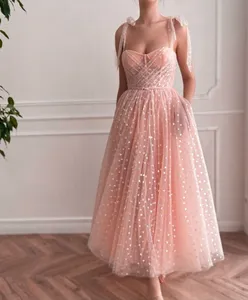 Pink Hearty Prom Dresses 2022 Tied Bow Straps Sweetheart Midi Prom Gowns Pockets Tea-Length Party Dress