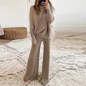 Fashion Women's 2-piece Long-sleeved Suit Knitted Sweater Pullover Wide-leg Pants Ladies Round Neck Casual Suit Tracksuit 211116