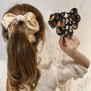 Women Ponytail Clips Barrettes Sweet Fashion Banana Clip Print Bow Hairpins Girls Pearl Hair Accessories