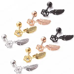 Dream Catcher Zircon Stud Earrings Stainless Steel Leaf Helix Tragus Conch Screw Back Earring Piercing Jewelry Gifts